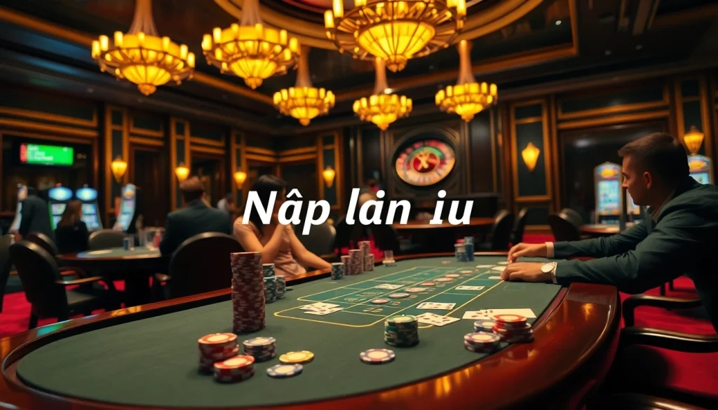 Nạp lần đầu chips and cards on a high-stakes poker table in a luxurious casino.