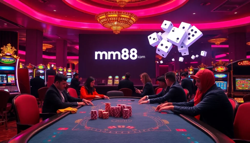 Experience the thrill of poker at mm88 com, featuring intense gameplay, vibrant poker chips, and slot machines.